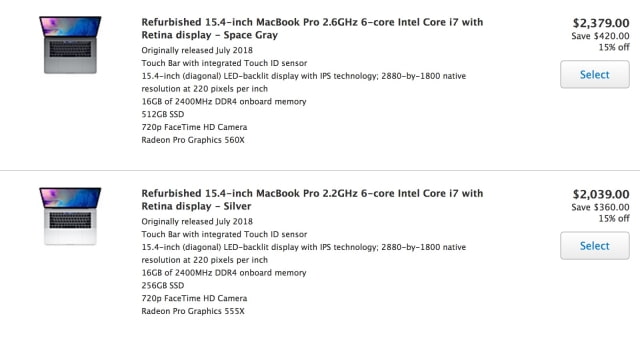 Apple now sells reconditioned 15-inch MacBook Pro from 2018