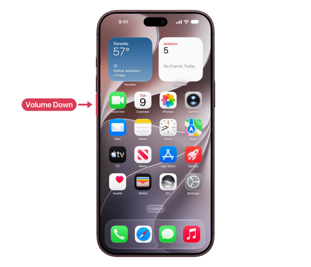 The volume down button marked and labelled on the left side of the iPhone.