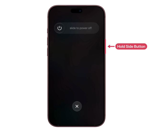 The power off slider on screen while the side button, labelled Hold Side Button, is held.