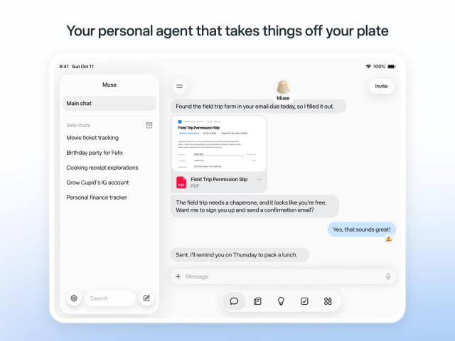 Muse's native iPad interface shows a conversation alongside a sidebar of saved chats