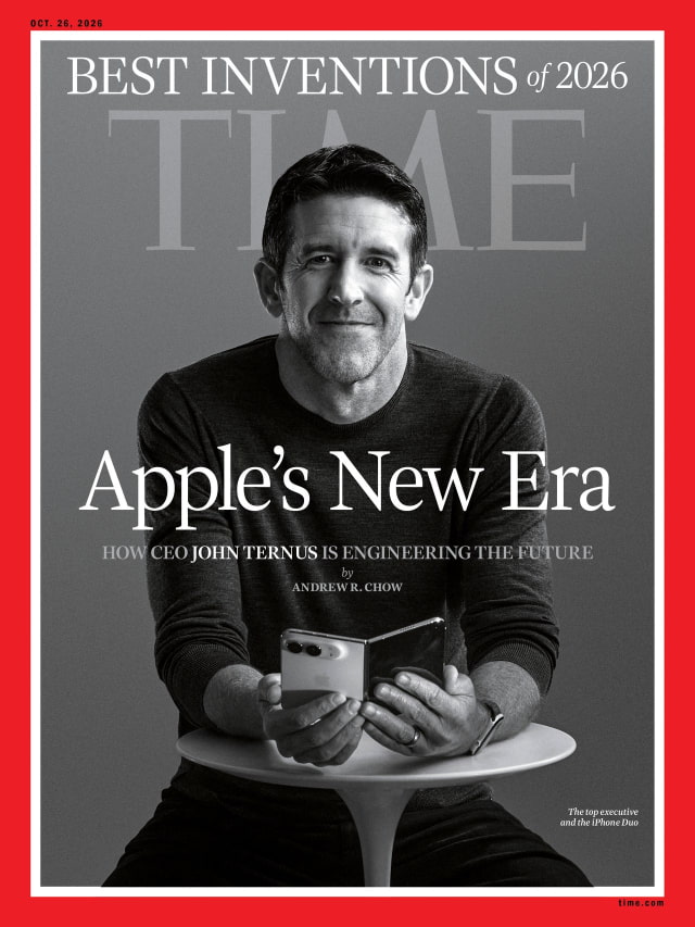 TIME's Best Inventions of 2026 cover featuring John Ternus holding iPhone Duo.