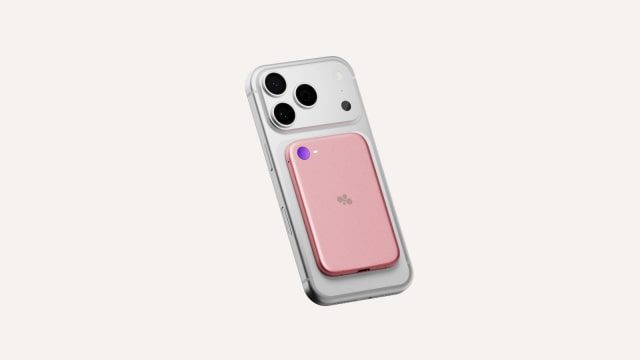 A pink Bee Eclipse attached to the back of an iPhone.