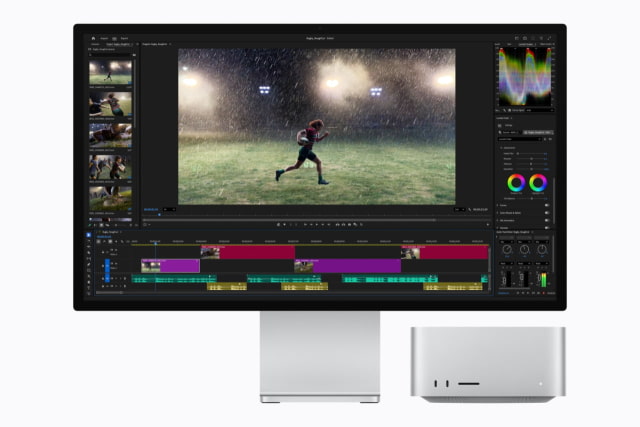 M5 Ultra Mac Studio beside a display running DaVinci Resolve.
