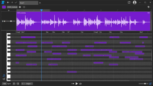 Samplab audio editor showing a purple waveform, detected chords, and editable notes on a piano roll.