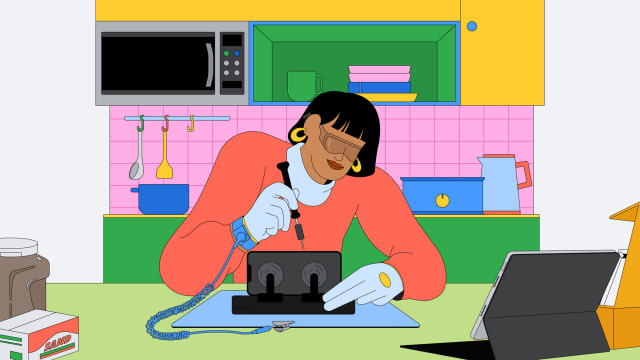 Apple illustration of a person repairing an iPhone using professional tools at home.