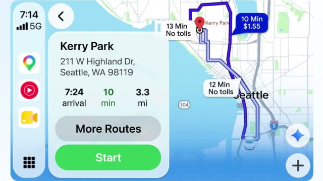 Google Maps on Apple CarPlay showing a route to Kerry Park and the Gemini button