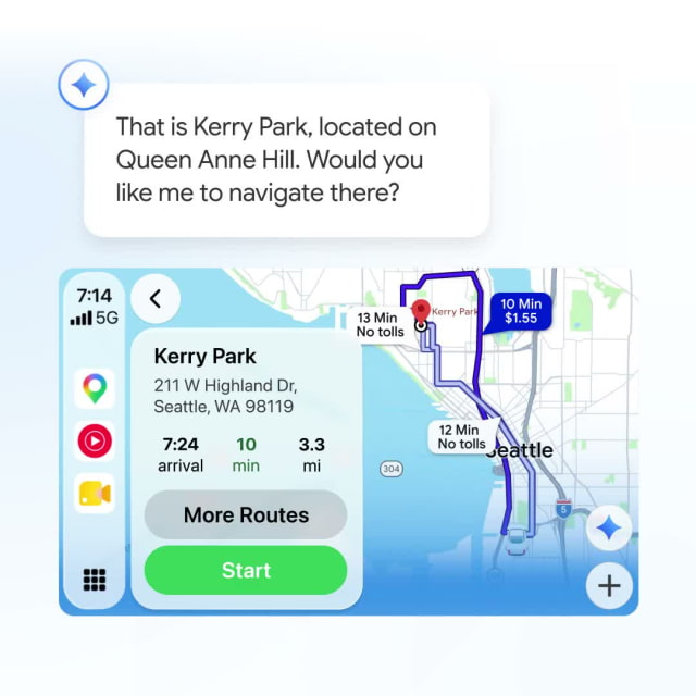Gemini identifying Kerry Park above a Google Maps CarPlay route preview