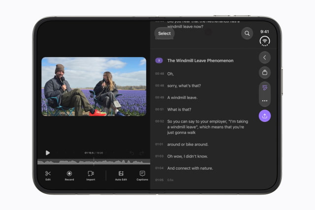 Detail video editing app on an unfolded iPhone Duo.