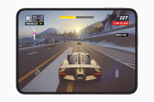 Asphalt Legends running on iPhone Duo's inner screen.