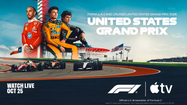 Apple TV's 2026 United States Grand Prix graphic with Lewis Hamilton, Lando Norris, and Kimi Antonelli.
