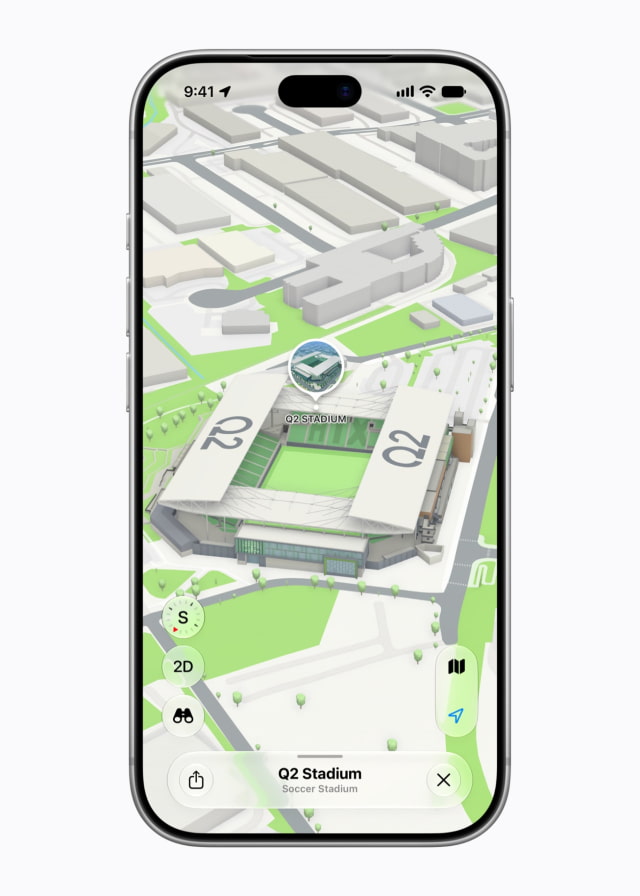 Apple Maps Detailed City Experience showing Q2 Stadium in Austin.