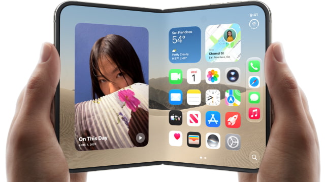 An undamaged iPhone Duo held open, showing apps and a Photos widget on its inner display.