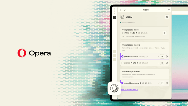 Opera WebAI model manager showing Gemma models and download controls