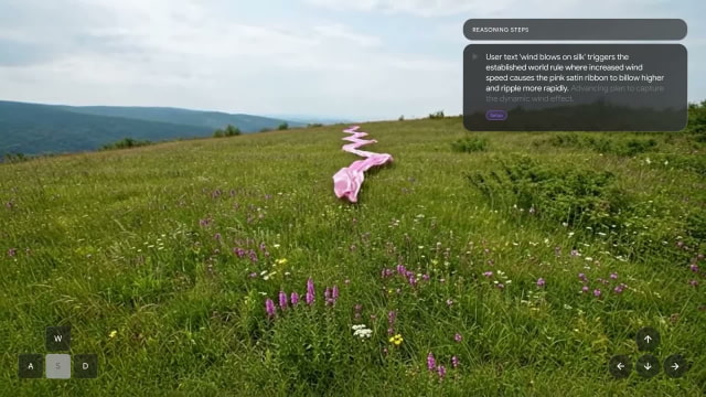 Genie 4 simulation of a silk ribbon moving in the wind, with reasoning steps and navigation controls