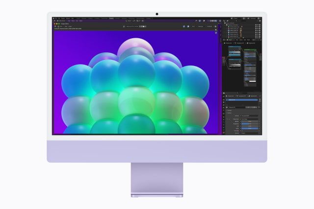 A Blender 3D project open on a purple M6 iMac
