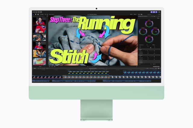 Green M6 iMac displaying a Final Cut Pro video-editing project.
