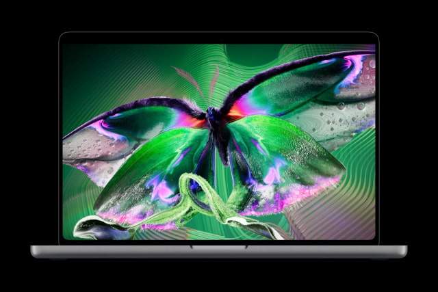 MacBook Pro with PROLED XDR Display showing a colorful butterfly.