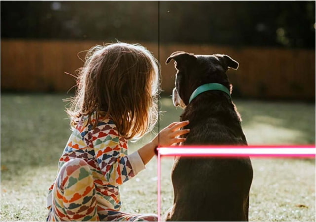 Samsung campaign artwork showing a child with a dog and simulated bright-line screen damage.