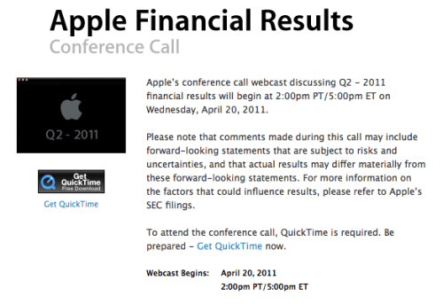 Apple Q2 FY11 Earnings Release Scheduled for April 20th