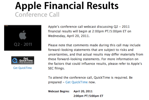 Apple Second Quarter Results Conference Call Takes Place April 20th