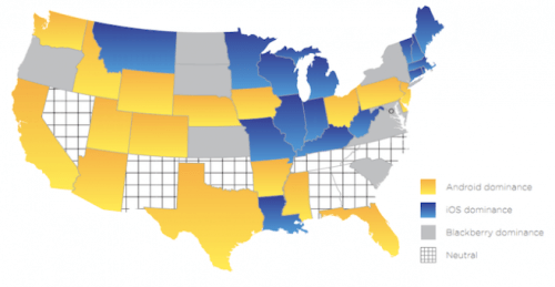 Map of the U.S.A. Shows iOS vs. Android vs. Blackberry