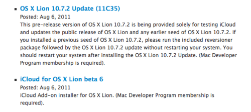 Apple Releases Mac OS 10.7.2 Seed and iCloud Beta 6 for Developers