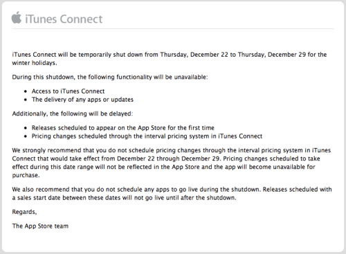 Apple Informs Developers That iTunes Connect Will Shut Down for the Holidays