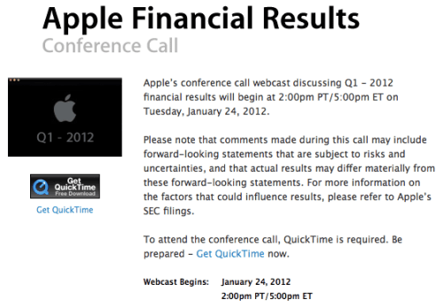 Apple to Announce Q1 2012 Financial Results on January 24th