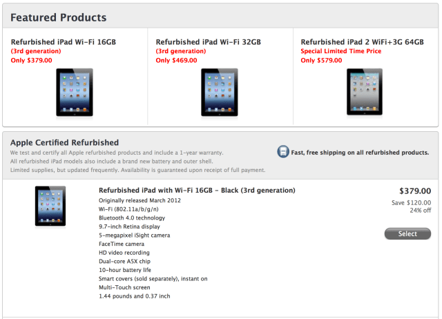 Apple Now Selling Refurbished iPad 3s For Up To 24% Off