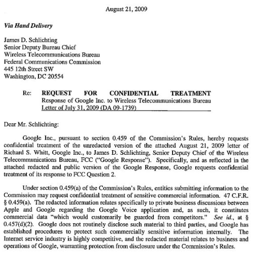 Google Requests Confidentiality for its FCC Filing