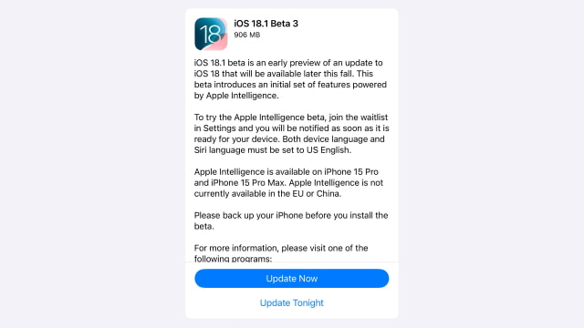 Apple Releases iOS 18.1 Beta 3 and iPadOS 18.1 Beta 3 With Apple Intelligence [Download]