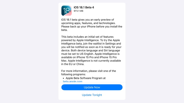 Apple Releases iOS 18.1 Beta 4 and iPadOS 18.1 Beta 4 With Apple Intelligence [Download]