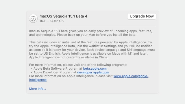 Apple Releases macOS Sequoia 15.1 Beta 4 With Apple Intelligence [Download]