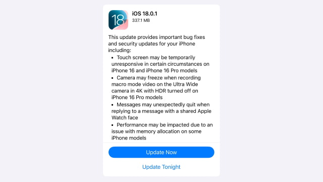 Apple Releases iOS 18.0.1 and iPadOS 18.0.1 for iPhone and iPad [Download]