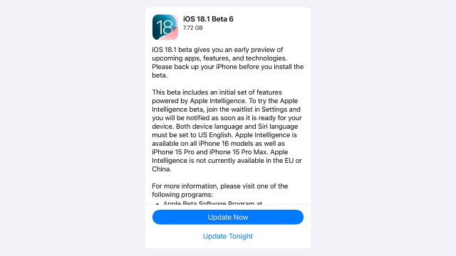 Apple Releases iOS 18.1 Beta 6 and iPadOS 18.1 Beta 6 With Apple Intelligence [Download]