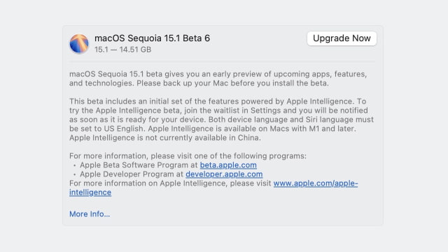 Apple Releases macOS Sequoia 15.1 Beta 6 With Apple Intelligence [Download]