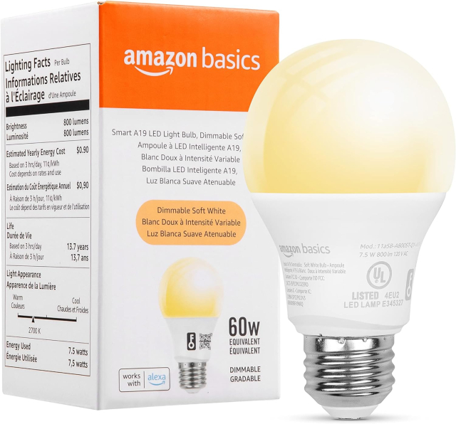 Amazon Basics Smart A19 LED Light Bulb (Soft White)