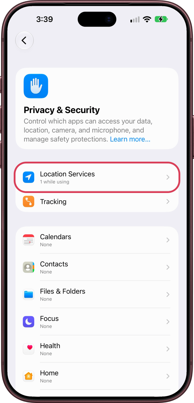 Location Services outlined at the top of Privacy & Security.
